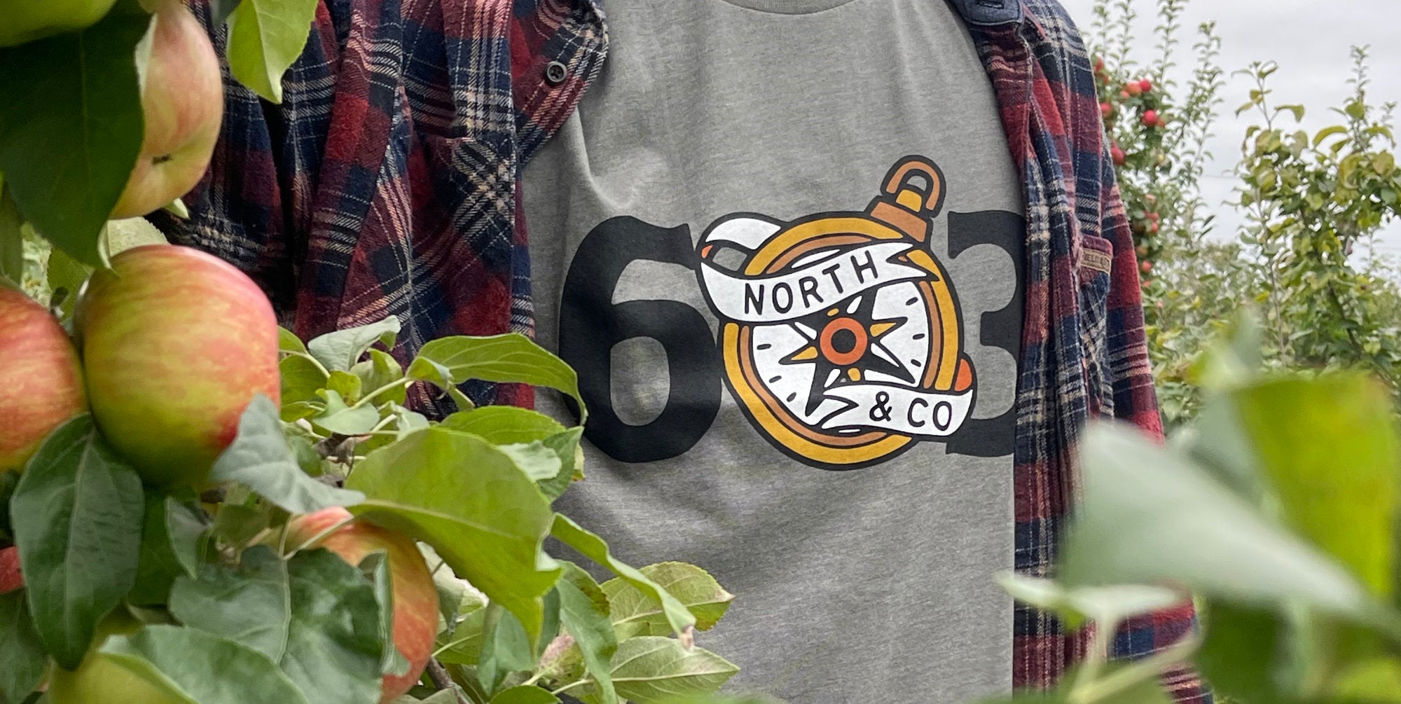 603 North compass tee while apple picking in New Hampshire